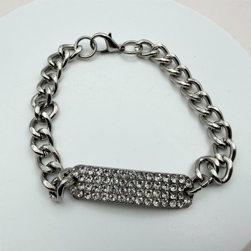 Vintage 90s Silver Tone ID Bar Bracelet Embellishments Adjustable Chain Jewelry‎